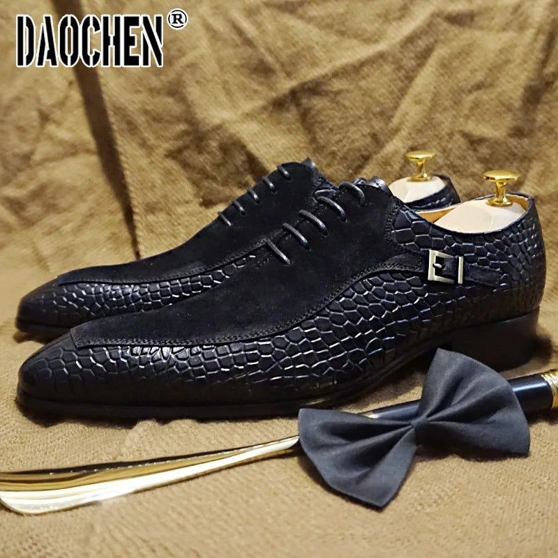 Luxury Men Oxford Shoes Lace up Split Toe Coffee Black Formal Men Dress Shoes Suede Patchwork Crocodile prints Leather Shoes Men