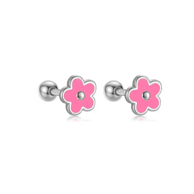 WANTME 925 Sterling Silver Romantic White Enamel Flower Screw Bead Stud Earrings for Women Fashion Simple Piercing Jewelry Gift