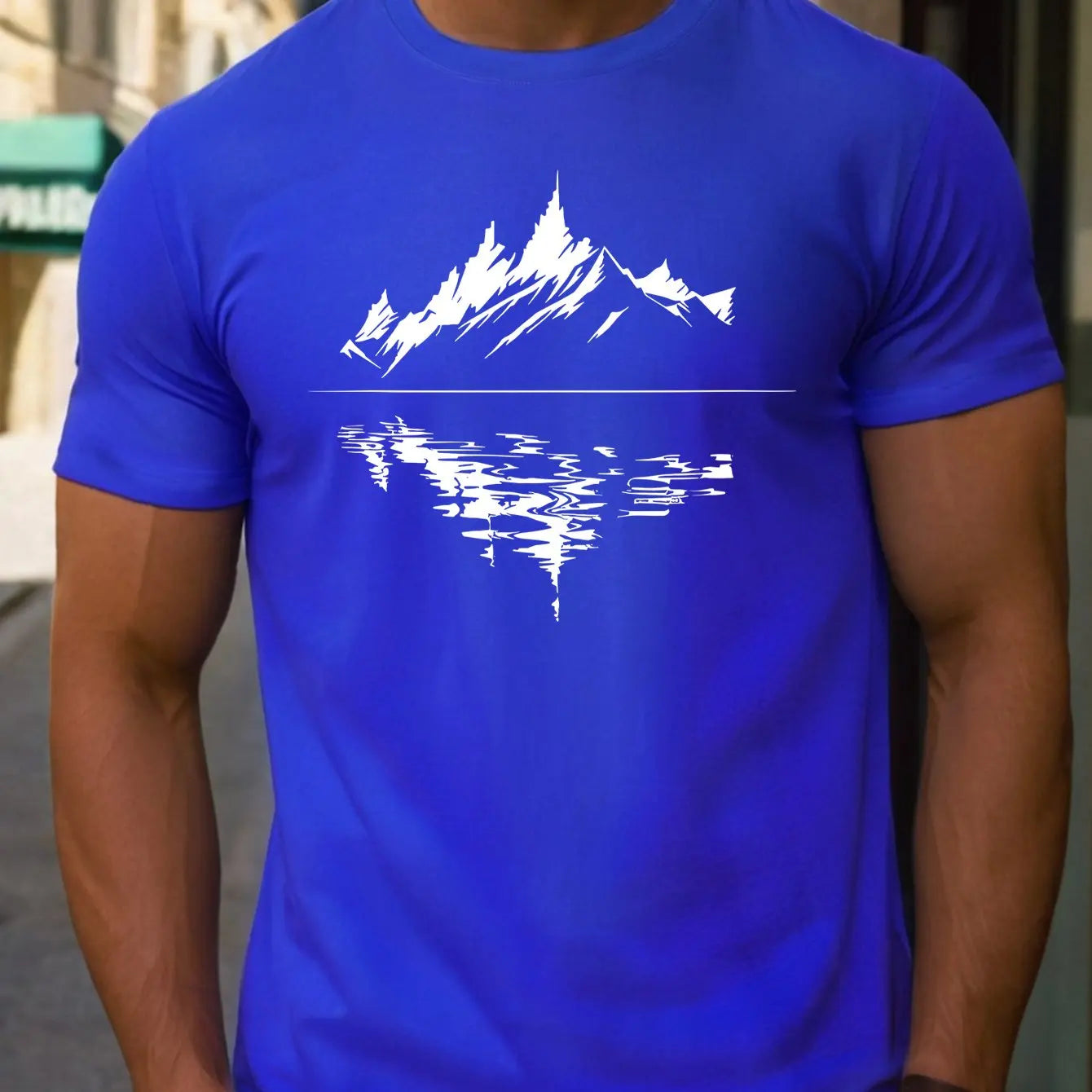 Men's summer 100 pure cotton fashionable casual loose fit plus mountain reflection printed round neck short sleeved T-shirt top