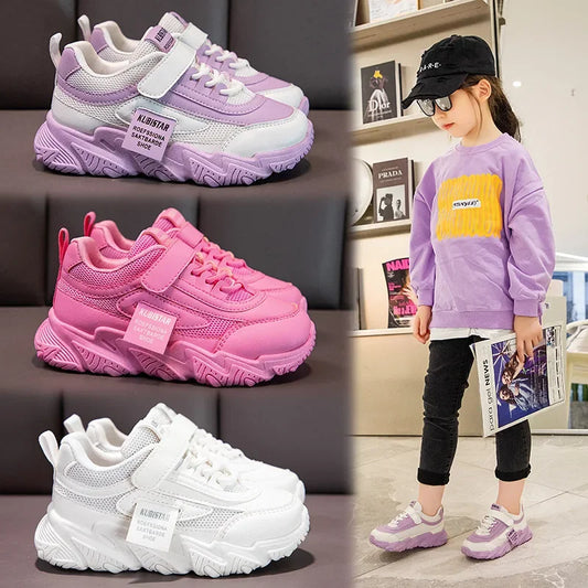 Kids Sneakers PU Girls Casual Mesh Solid Pink Light Boys White Hook & Loop