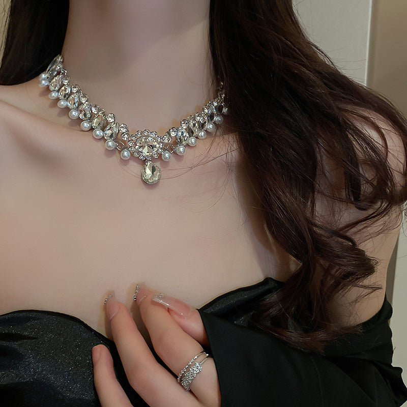 Multilayer Pearl Choker Necklaces for Women Short Geometric Crystal Chokers Necklace