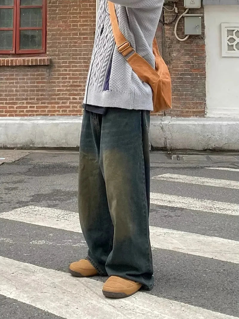 Green Wash Baggy Jeans for Men Casual Wide Leg Adjust Waist Y2k Pants