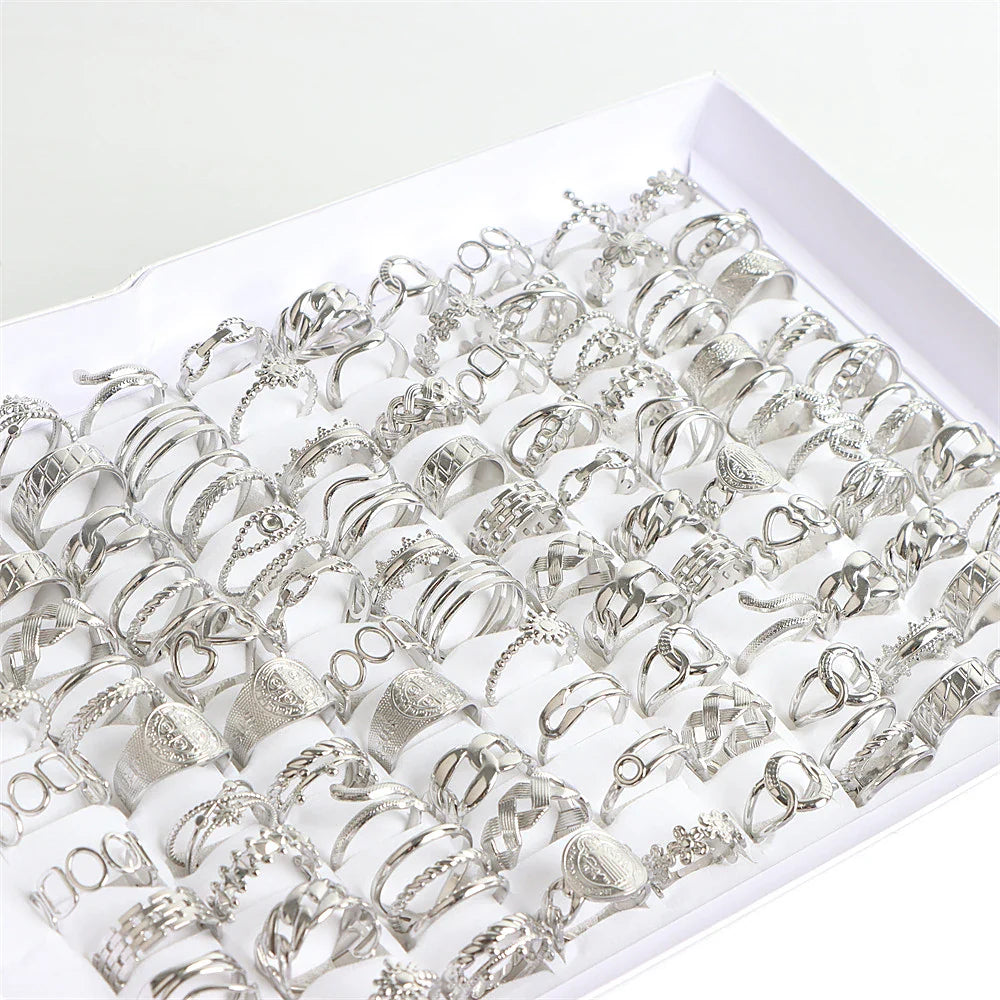 10/20Pcs/Lot Fashion Stainless Steel Adjustable Opening Ring For Women Men Mix Style Heart Snake Flower Jewelry No Fade