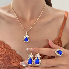 Blue Crystal Ring Necklace Earrings Set Wedding Jewelry Sets For Brides Pendant