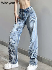 High Waist Letter Ripped Jeans Fashion Women Winter Straight Trousers