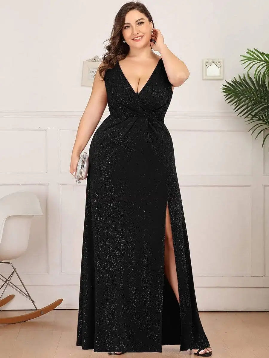 Homecoming Dresses: Plus Evening Dresses V Neck Hidden zipper With Side Split Black
