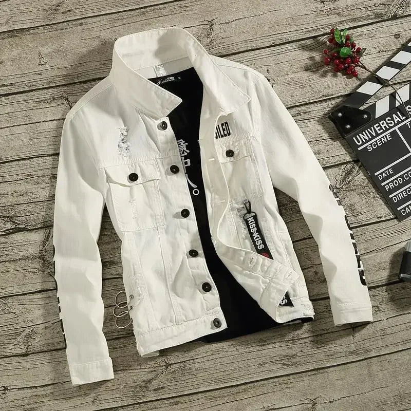 Denim Jackets Man Punk Ripped Jeans Coat for Men Slim Fit with Print Hole Winter