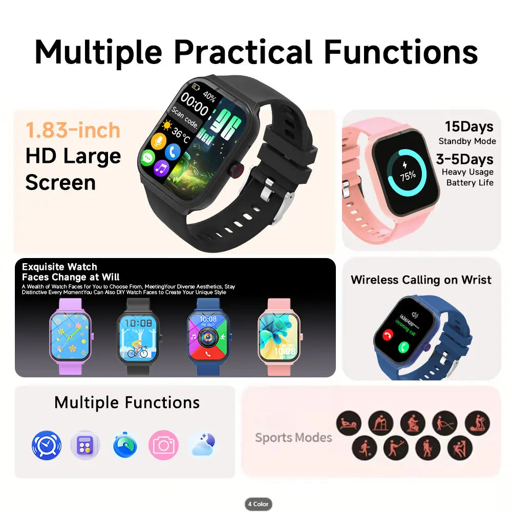 NEW Square Smartwatch Touch Screen Bluetooth Call Camera Control Music Play Message Push Sports Mode for Men Women Kids 2026