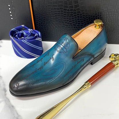 Italian Style Men Loafers Shoes Handmade Letter Print High Quality Genuine Leather Dress Shoes for Men Business Formal Shoes