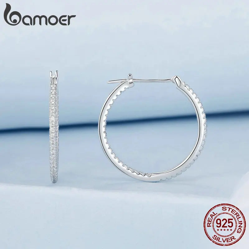 BAMOER 925 Sterling Silver Cubic Zirconia Hoop Earrings, White Gold Plated Lightweight Hypoallergenic Hoop Earrings for Women