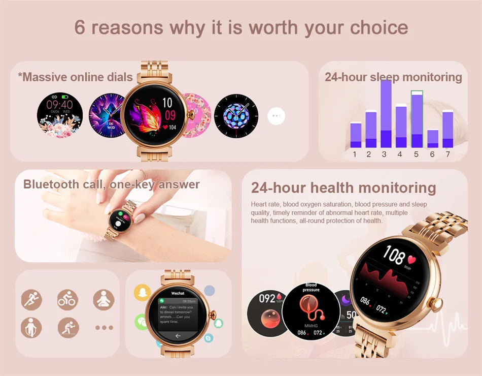 1.04 inch AMOLED Screen Fashion Ladies Smart Watch Screen Always Display Bluetooth Call Smartwatch Metal Body Small Screen Watch