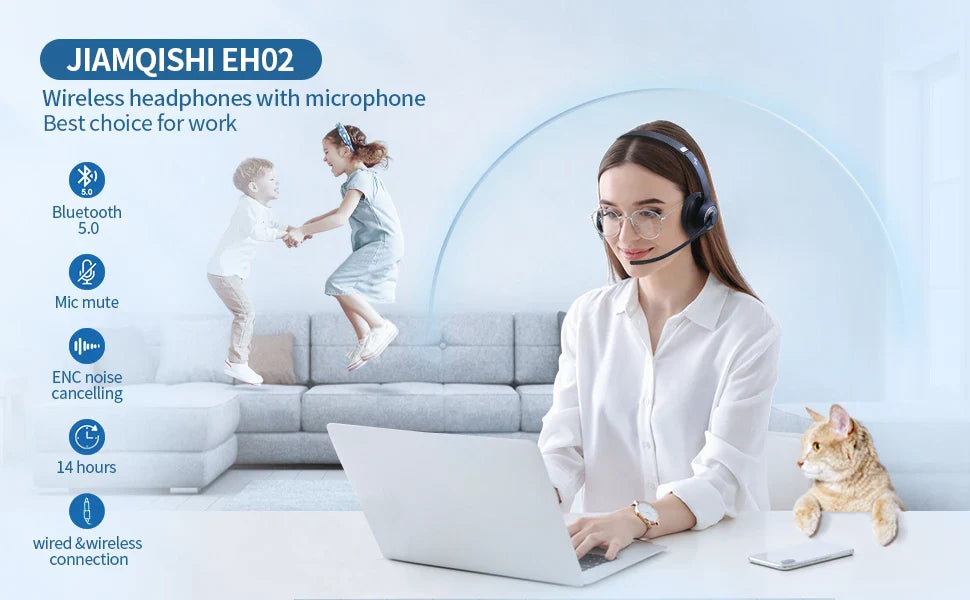 JIAMQISHI EH02U Wireless Bluetooth Headset ANC MIC for Work Computer Headphones USB Dongle Mute Mic for MacBook Headset Phone