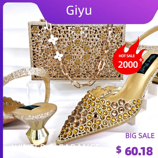 Doershow High Quality African Style Ladies Shoes And Bags Set Latest gold Italian Shoes And Bag Set For Party  HYD1-23