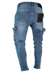 Men Jeans Pencil Pants Solid Denim Sheath Mid Waist Zipper Fly Pockets