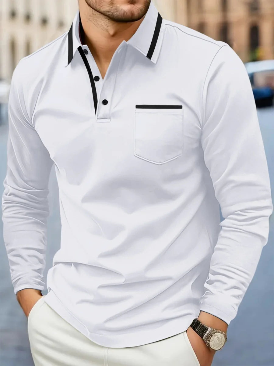 Spring and fall best-selling fashion golf men's lapel pocket comfortable casual sports solid color long sleeve breathable top