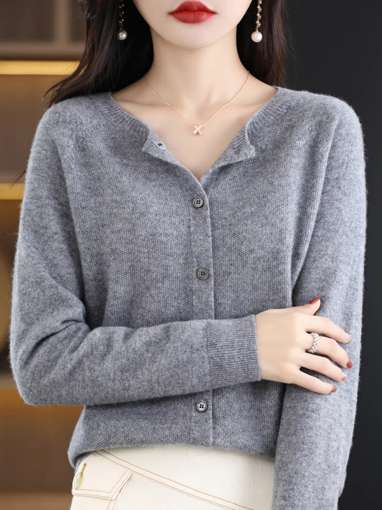 Long Sleeve 100% Merino Wool Sweaters Cashmere Cardigan Spring Autumn Women