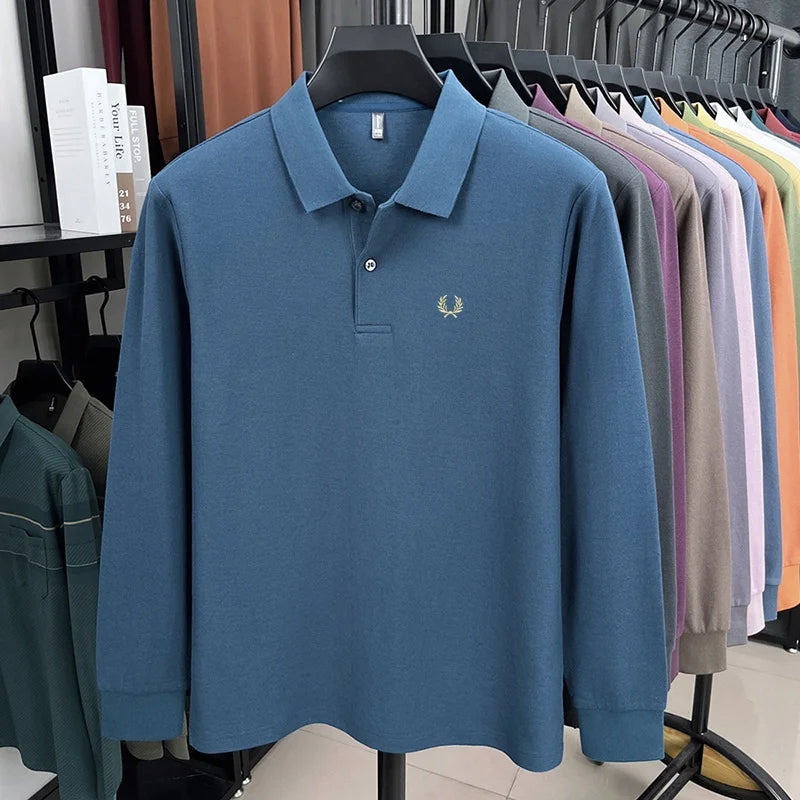 100% pure cotton high-end brand men's long sleeved polo shirt autumn fashion hot selling wheat embroidery golf business T-shirt