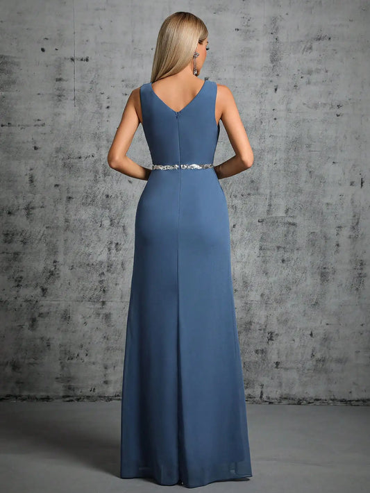 Homecoming Dresses: V-neck silver sequin belt pleated chiffon slit skirt Party Dress