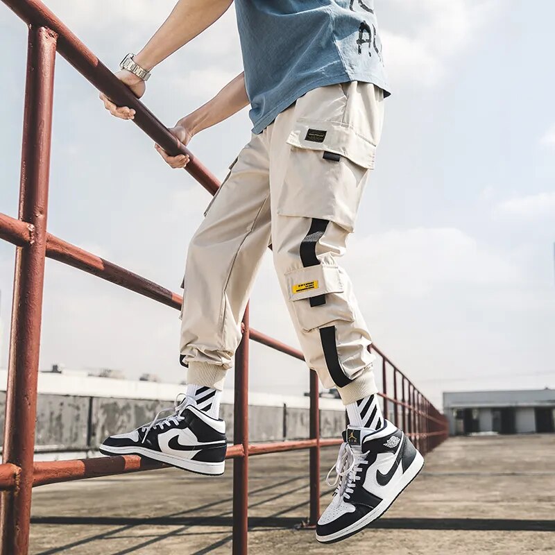 Hip Hop Joggers Cargo Pants Men Harem Pants Multi-Pocket Ribbons Man