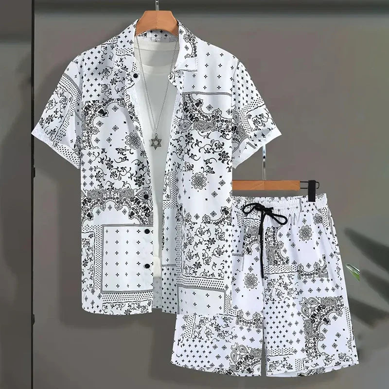 2024 New Men's Summer Holiday Suit Retro Textured Printed Border Shirt Short Sleeve Shorts Two Piece Men's Breathable Pool Suit