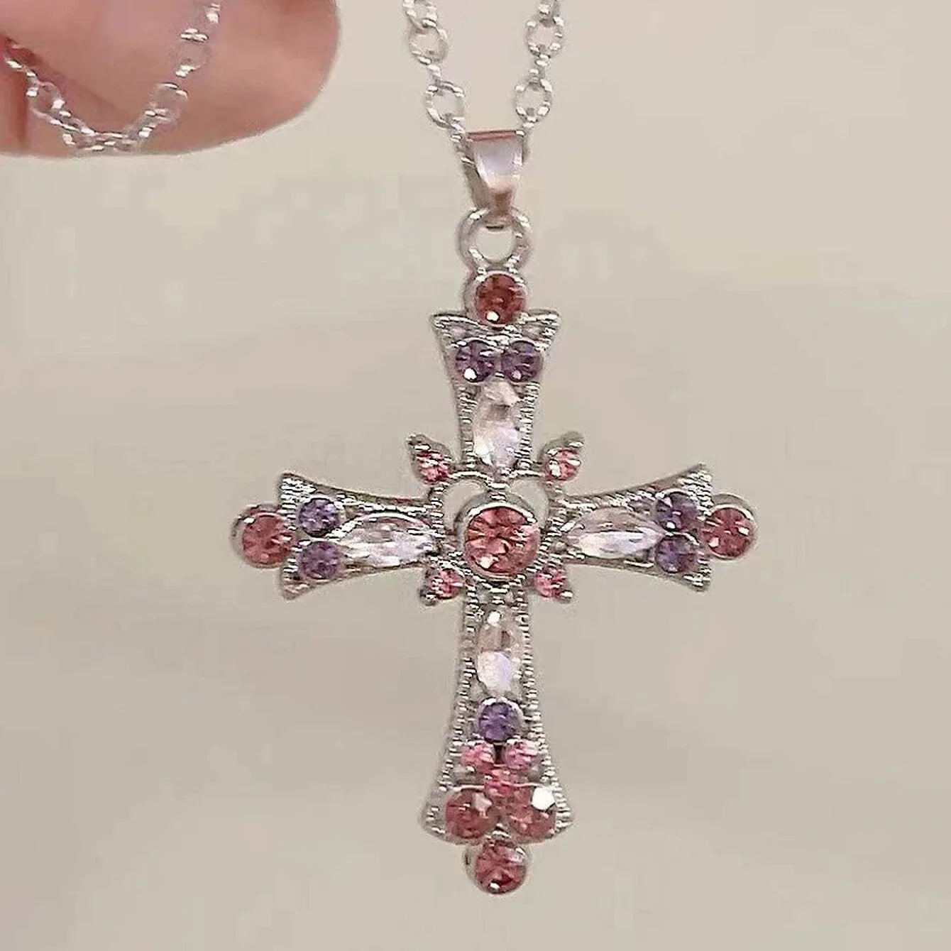 Y2K Retro Kpop Silver Color Pendant Necklaces For Women Gothic Zircon Heart Cross