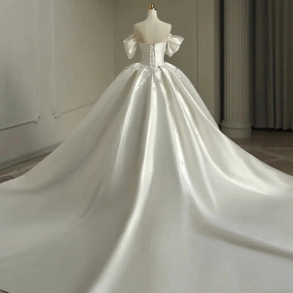 White Bridesmaid Dresses: Short Sleeve Pleat Sparkly Crystal Satin Ball Gown