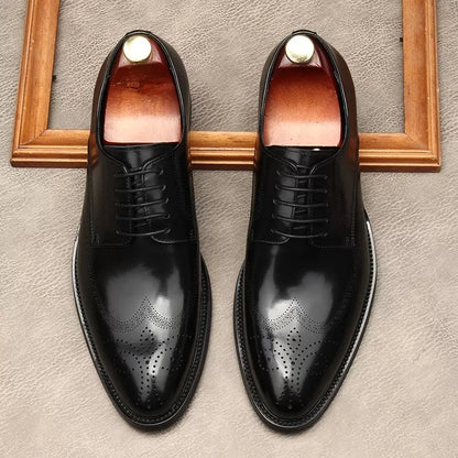 HKDQ Black Oxford Shoes Men Brogues Shoes Lace Up Formal Shoes Genuine Leather Wedding Business Men Luxury Dress Shoes