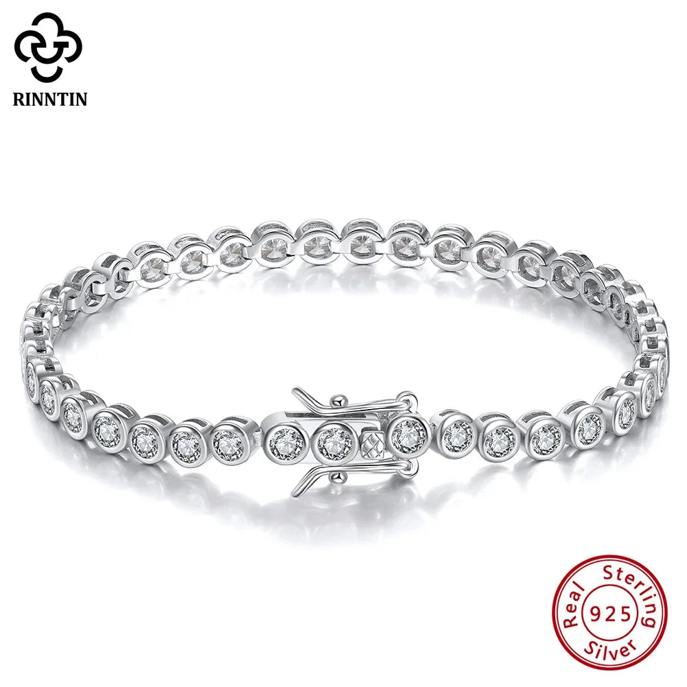 Rinntin Shiny Tennis Bracelet 925 Sterling Silver 1.5/2/3mm Clear Cubic Zirconia for Women Luxury Chain Bracelet Jewelry SB143