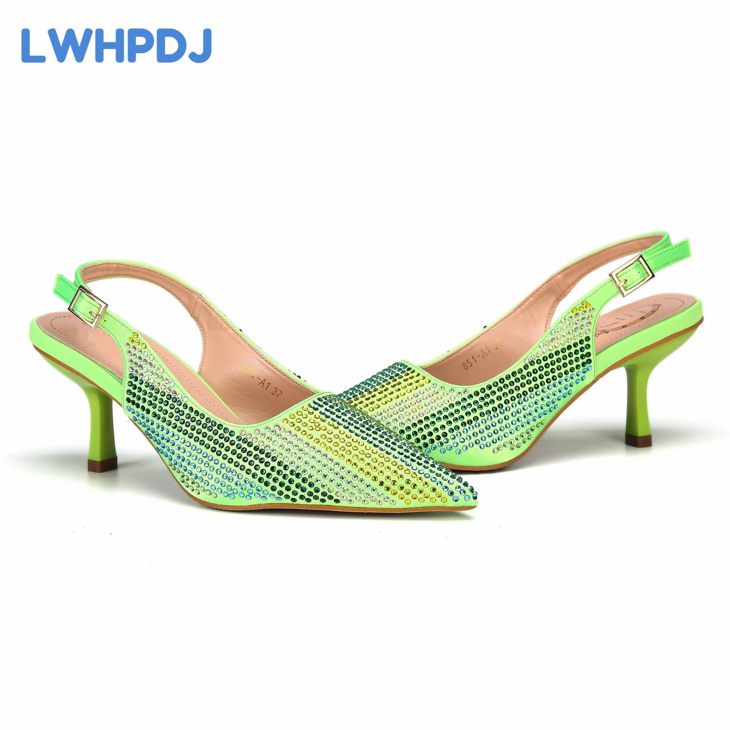 2024 Lemon Green Color Water Drill Design High Heels Pointed Toe Ladies Shoes Matching Bag Set For Women Wedding Party
