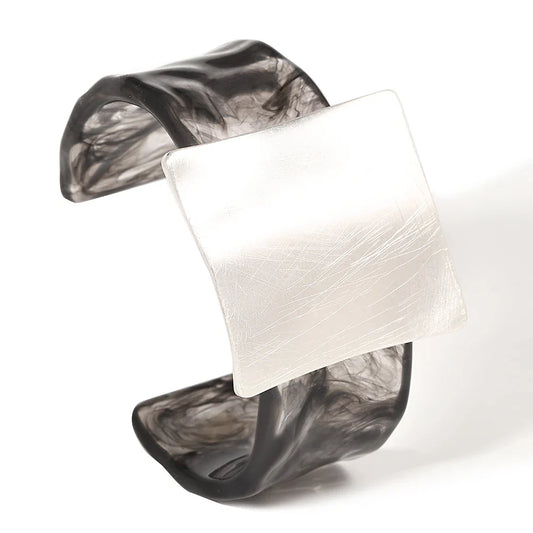 Greatera Metal Brushed Exaggeration Personality Geometric Drawn Square Convex Circular Opening Bracelet Transparent Cuff Bangle