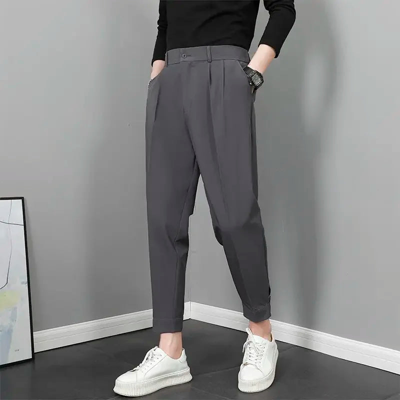 Korean Style Ankle Tied Cropped Casual Pants for Men, Draping Slim-Fit