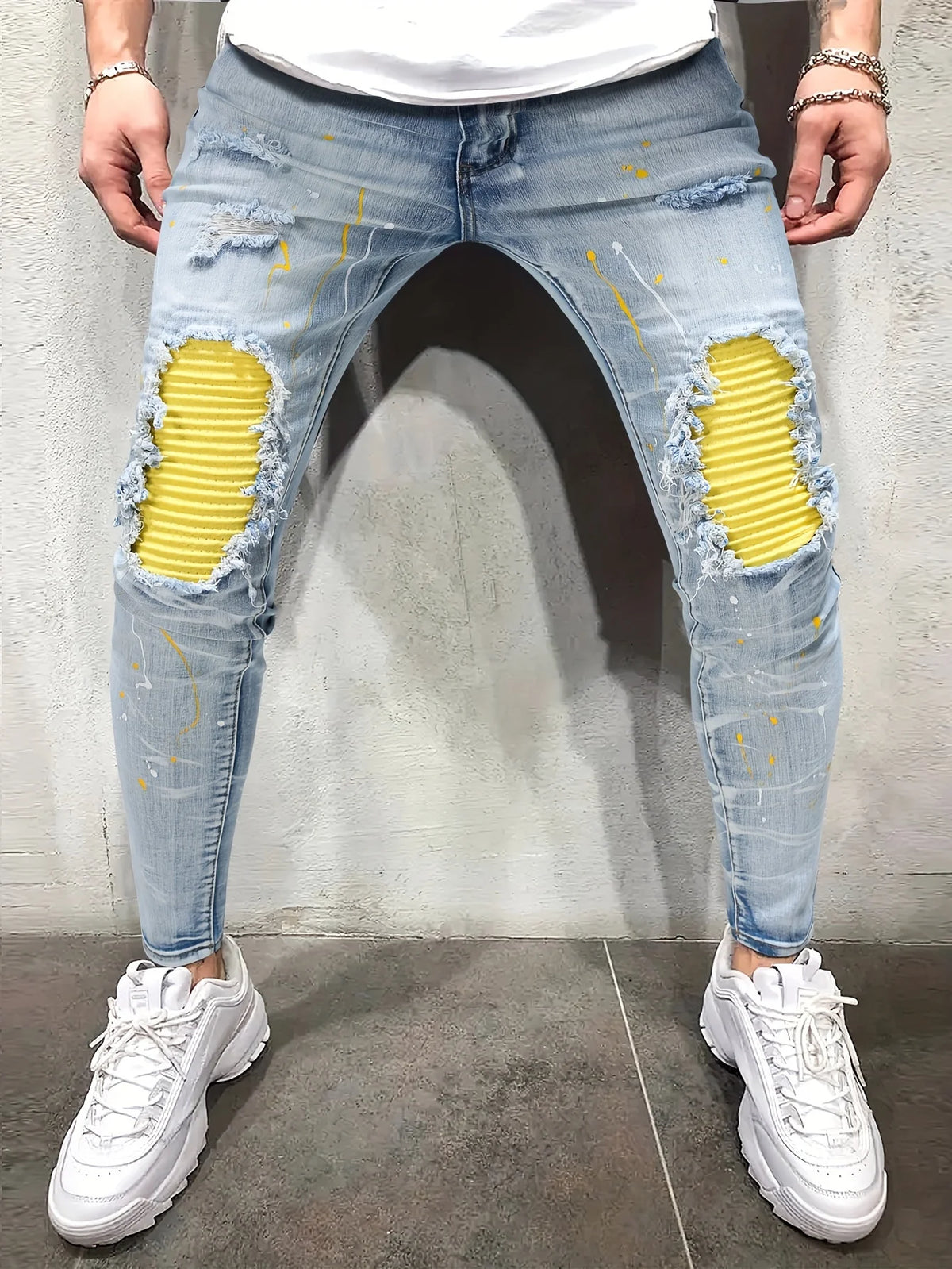 Men's Casual Creative Street Style High Stretch Paint Splatter Ripped