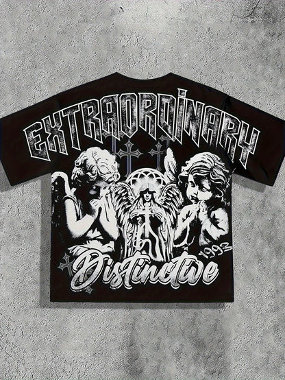 European and American men's summer retro little angel print comfortable and breathable round neck T-shirt outdoor street fashion