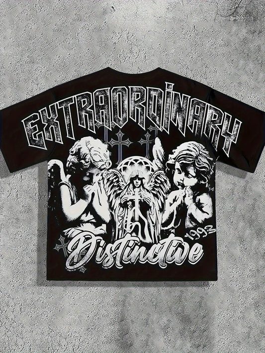 European and American men's summer retro little angel print comfortable and breathable round neck T-shirt outdoor street fashion