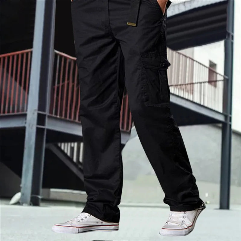 Men's Casual Cargo Cotton Pants Men Pocket Loose Straight Pants Elastic