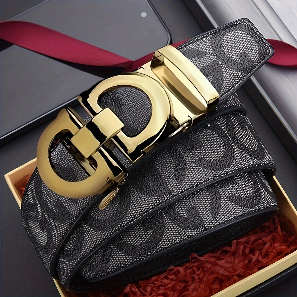 Men's Sleek Automatic Buckle Belt - Genuine FauxwithTextured Square Pattern, Black, Simple & Stylish DesignforCasual Attire