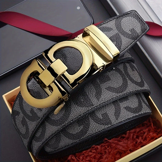 Men's Sleek Automatic Buckle Belt - Genuine FauxwithTextured Square Pattern, Black, Simple & Stylish DesignforCasual Attire