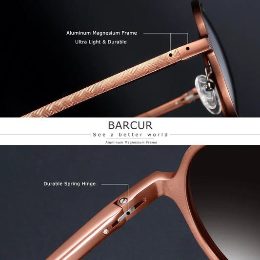 BARCUR Retro Aluminum Magnesium Alloy Circular Women Polarized Sunglasses Nostalgic Punk UV400 Men Sunglasses High end Brand Box