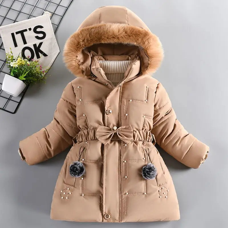 Thick Keep Warm Winter Girls Jacket Detachable Hat Plush Collar Hooded Padded Lining Coat For Kids Children Birthday Present
