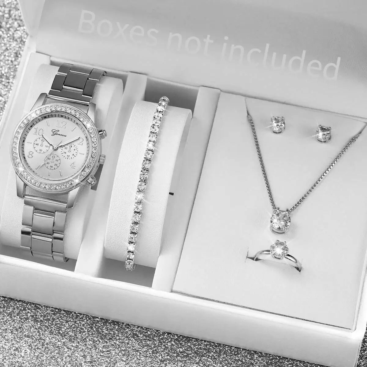 6PCS/Set Fashion Rhinestone Women Watches Analog Quartz Wrist Watch Jewelry Set Reloj Mujer（Without Box）