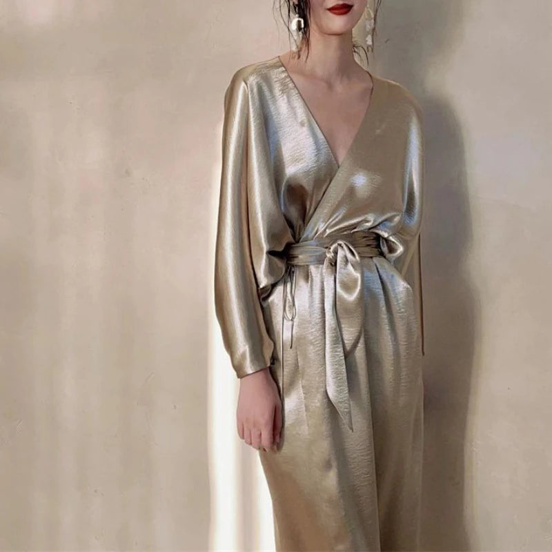 Evening Dresses: Long Dress Women Glossy Long Sleeve V Neck Evening Wrap