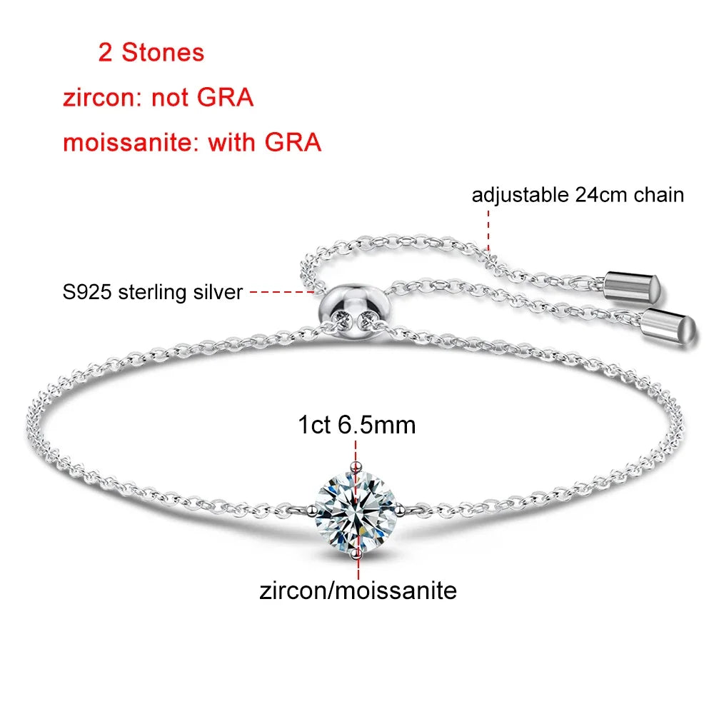 Certified 1CT Moissanite Solitaire Bracelets for Women Real Silver S925 Classic Lab Diamond Adjustable Wrist Chain Jewelry Men