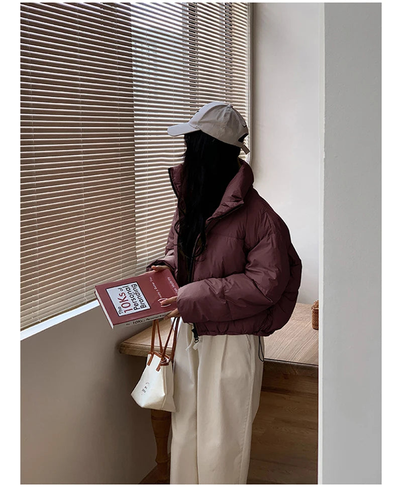 Korean Fashion Women Puffy Coats Simple Solid Loose Short Parkas Winter Thick