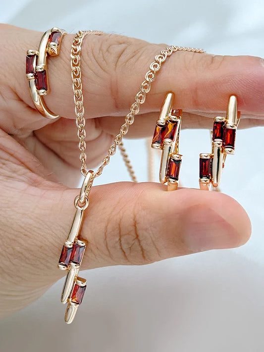Kienl Hot Red Natural Zircon Vintage Ring Earrings Necklace for Women Luxury 585 Rose Gold Color Daily Wear 3pcs Jewelry Sets