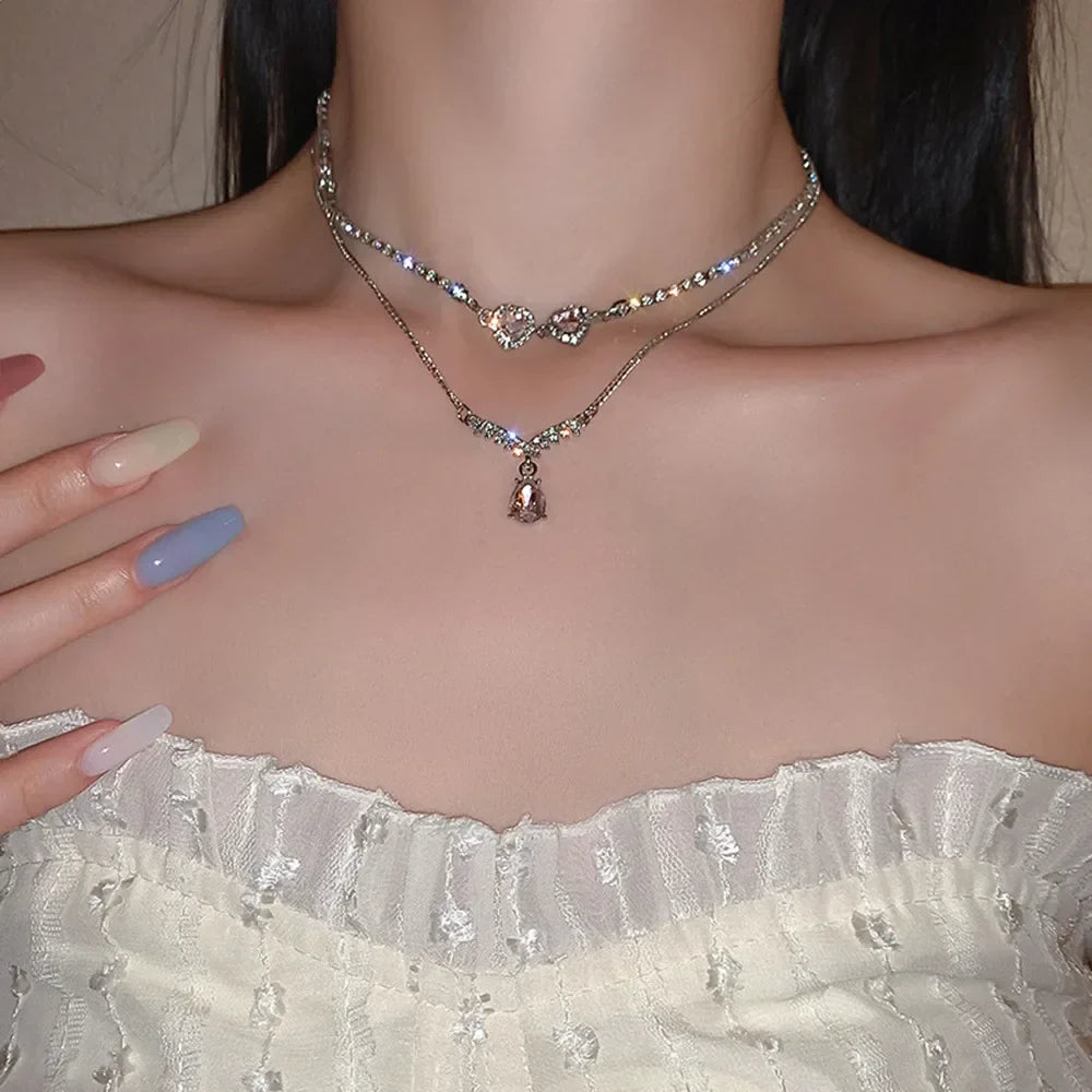 Korean Fashion Sweet Heart Shaped Necklace For Women Crystal Zircon Pendant Clavicle Chain Elegant Romantic Party Gift Jewelry