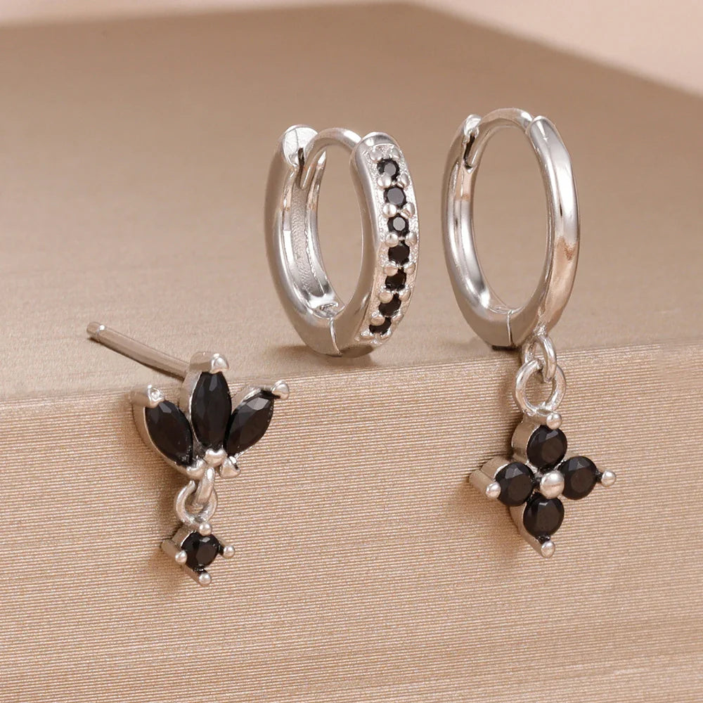 3PCS Fashion Orange Blue Zircon Hanging Earrings Set for Women Stainless Steel Flower Dangle Earring Piercing Jewelry