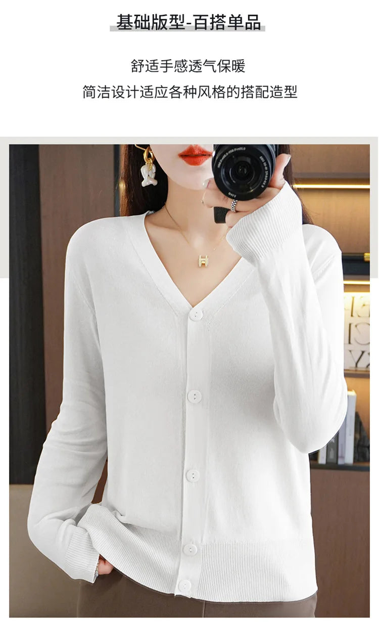 Summer Korean Version Thin Solid V-Neck Ice Silk Knitted Long Sleeve