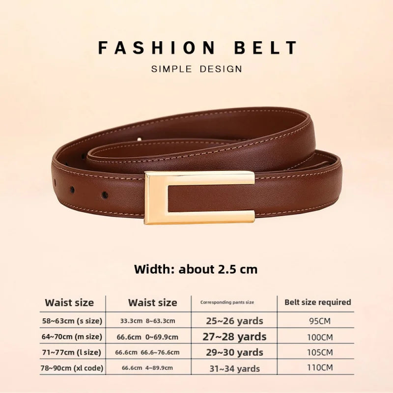 Genuine leather belt for women; cowhide fashion waist belt; versatile smooth buckle; 2025 dress decoration belt for