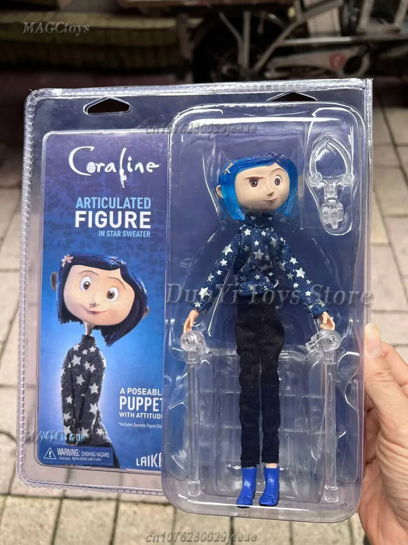 NECA Anime Coraline Doll Articulated Anime Figure Raincoat Sweater In Striped Shirt Toy LA Girl Decoration Model Bithday Gifts