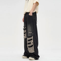 Men's Ripped Black Jeans Harajuku Wide Leg Pants Denim Baggy Y2K Cargo Pants